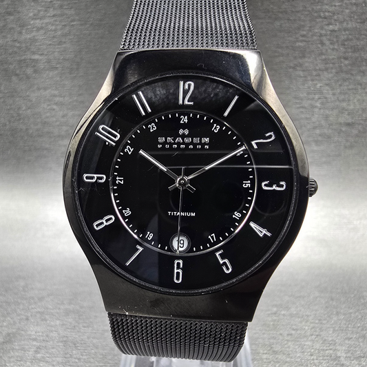 Skagen Watch Men 37mm Black Dial Black Tone Date Titanium 233XLTMB New Battery0