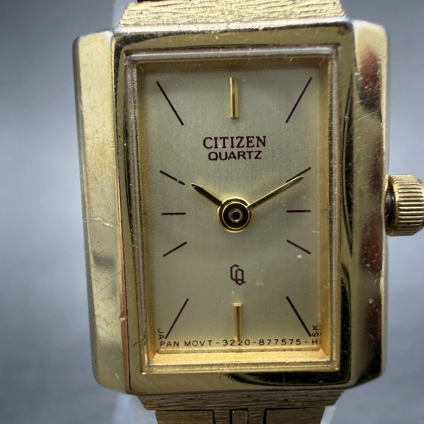Citizen CQ Watch Women 17mm Champagne Dial Gold Tone Rectangle 3220 New Batt 5641