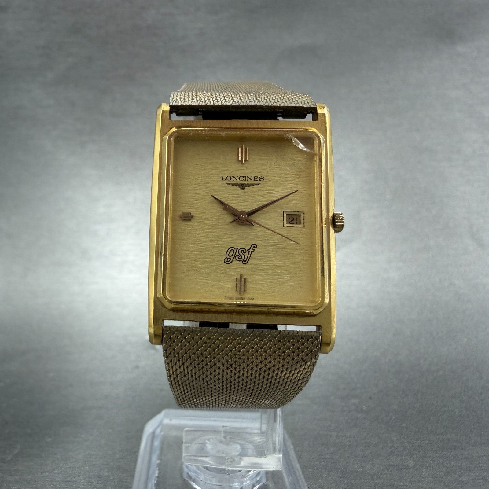 Longines Tank Watch Men 26mm Gold Dial Gold Tone Date Rectangle New Battery5