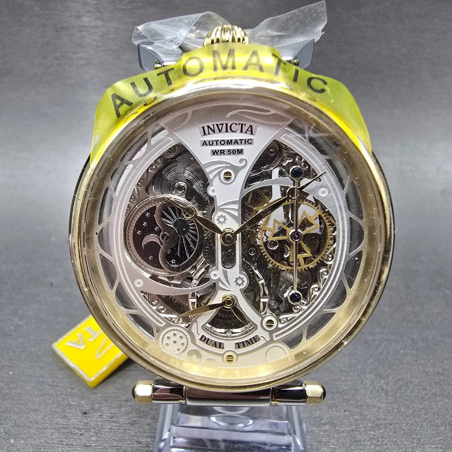 Invicta Objet D'Art Automatic Skeleton Watch Men 46mm Two Tone Dual Time Runs0