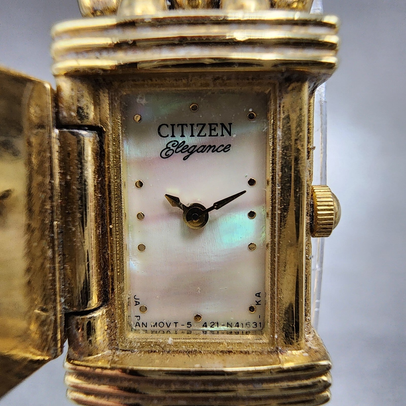 Citizen Elegance Tank Watch Women 14mm MOP Dial Gold Tone Flip Cover New Battery1