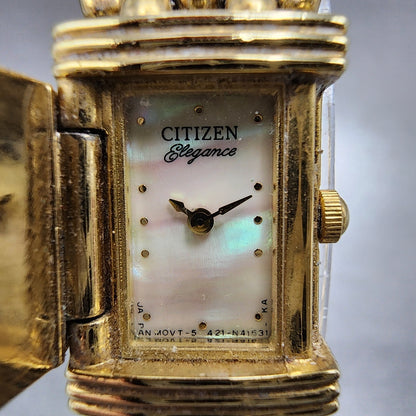 Citizen Elegance Tank Watch Women 14mm MOP Dial Gold Tone Flip Cover New Battery1