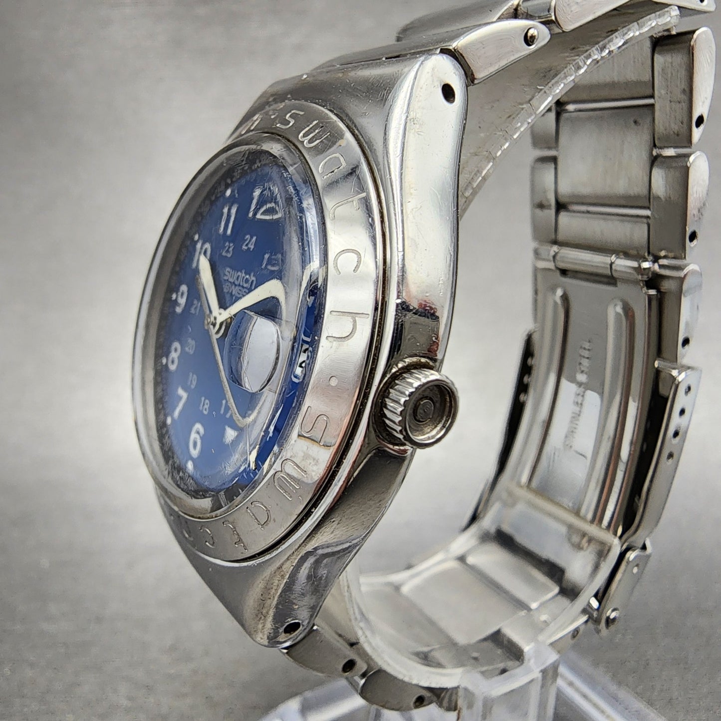 Swatch Irony Happy Joe Watch Men 37mm Blue Dial Steel Date Round New Battery AB12
