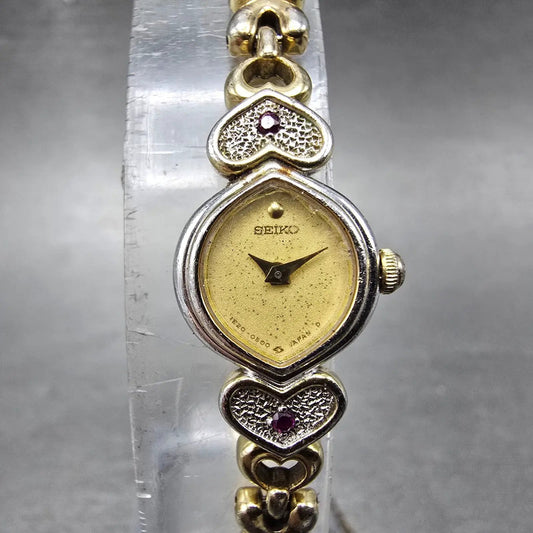 Seiko Heart Watch Women 13mm Champagne Dial Two Tone 1E20-5220 New Battery0