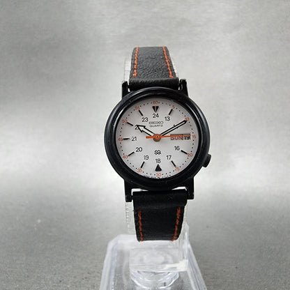 Seiko SQ Watch Women 24mm White Dial Black Tone Daydate Round 3E230A50 New Batt6