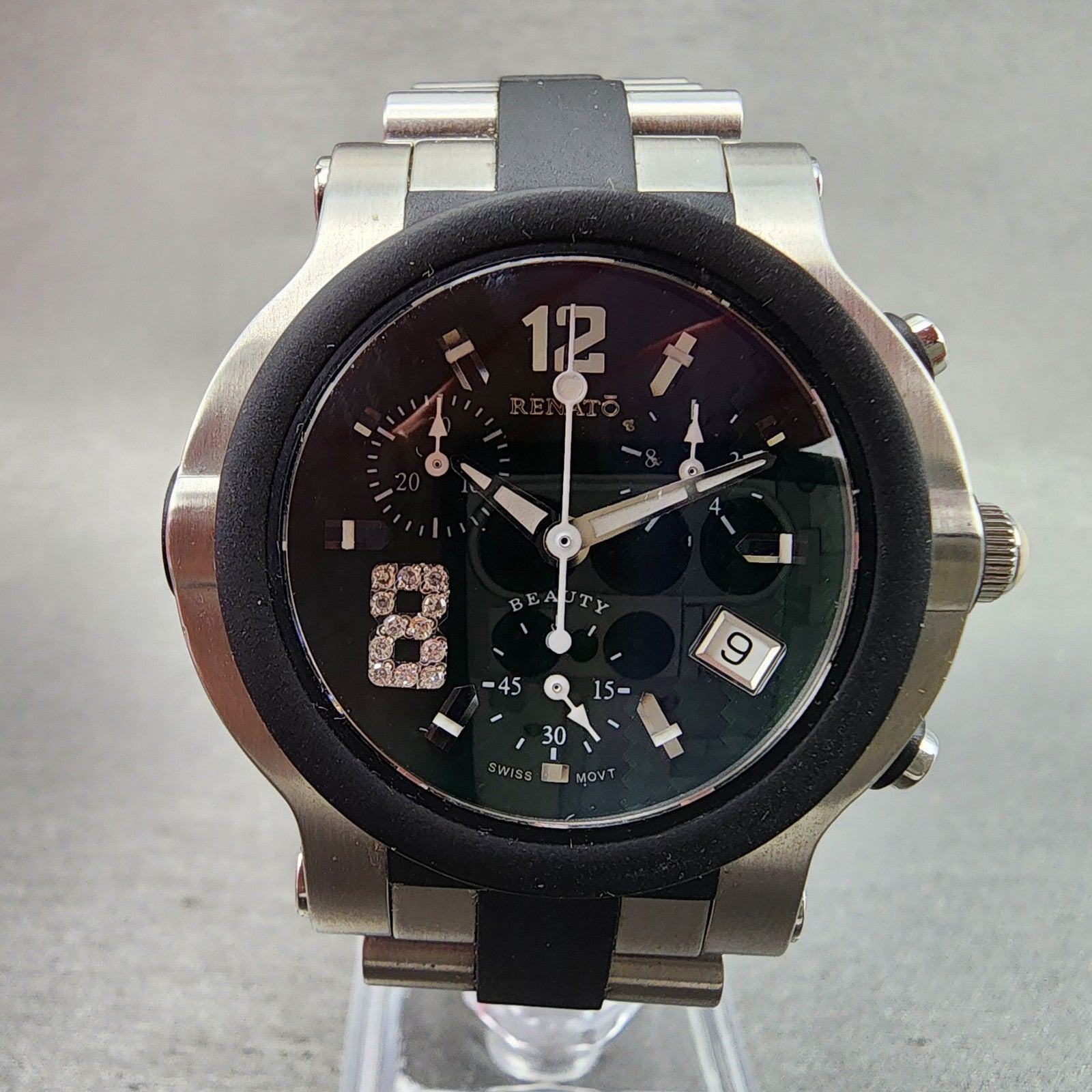 Renato Beauty Chronograph Watch Women 37mm Green Dial Steel Rubber New Battery2