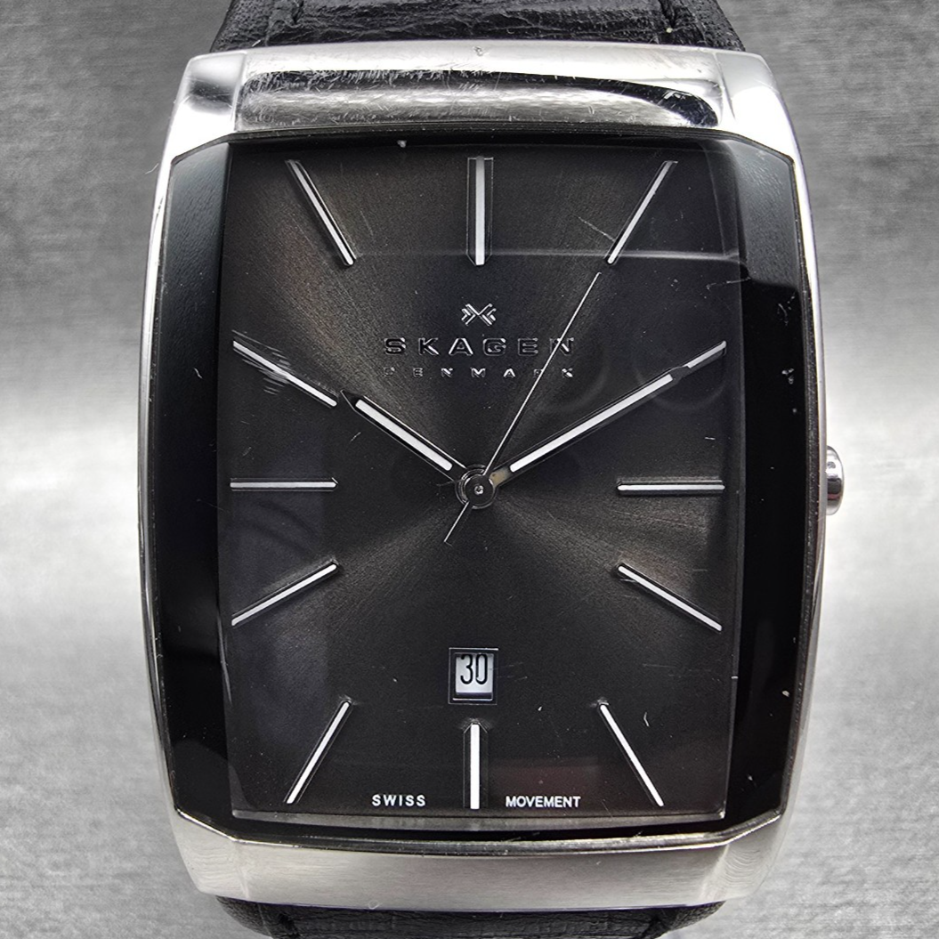 Skagen Watch Men 32mm Gray Dial Silver Tone Date Rectangle 984LSLB New Battery1
