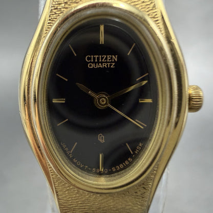 Citizen CQ Watch Women 17mm Black Dial Gold Tone Oval 5930-S25350 New BatteryBHG1