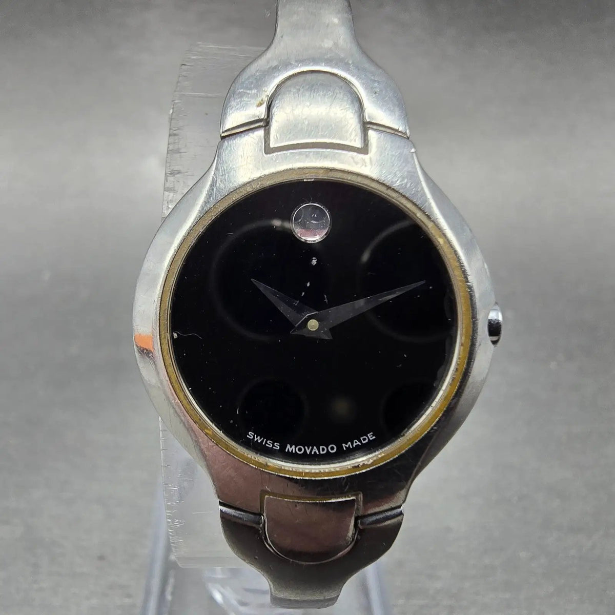 Movado Kara Watch Women 24mm Black Dial Steel Round 84-A1-1846 New Battery 560