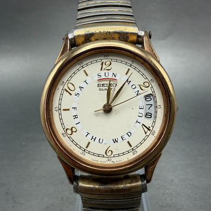 Seiko Watch Men 31mm White Dial Gold Tone Daydate Round 6F26 PARTS Vintage0