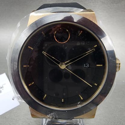 Movado Bold Fusion Watch Men 42mm Black Dial Gold Tone Date Resin Band 3600850