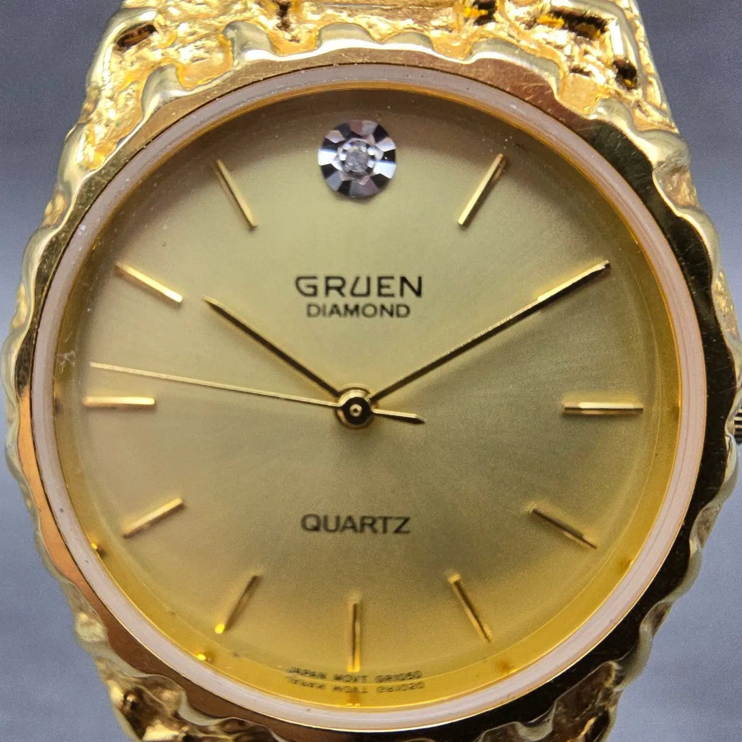 Gruen Watch Men 33mm Gold Dial Gold Nugget Case Tone New Battery Vintage1