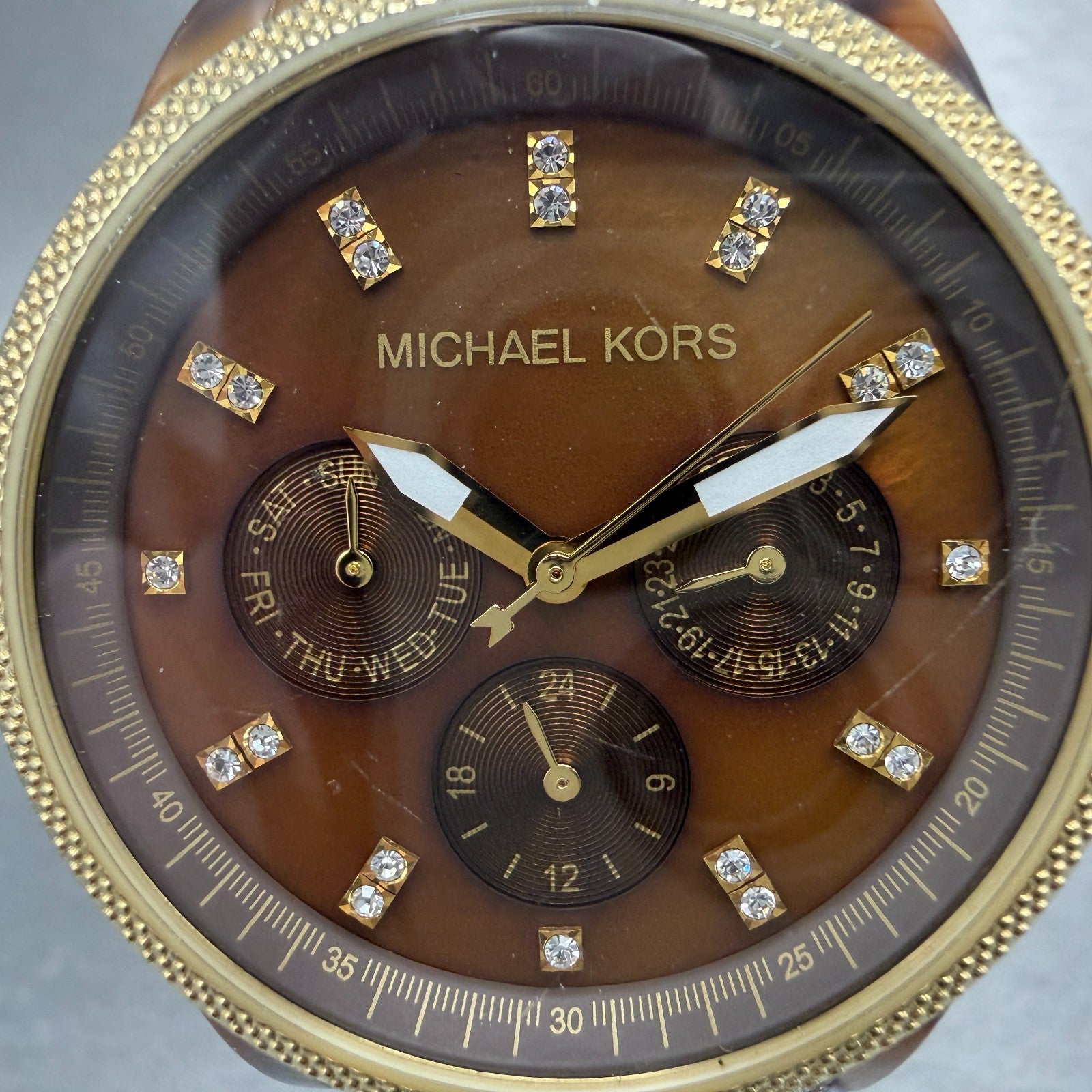 Michael Kors Watch Women 37mm Brown Dial Gold Tone Tortas Daydate New Battery KI1