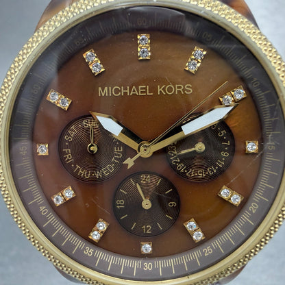 Michael Kors Watch Women 37mm Brown Dial Gold Tone Tortas Daydate New Battery KI1