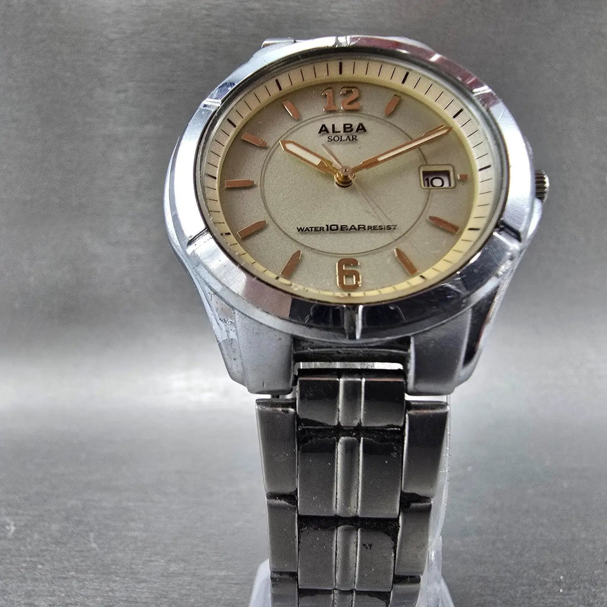 Seiko Alba Solar Watch Men 36mm Champagne Dial Silver Tone Date V145-0BE0 Runs5
