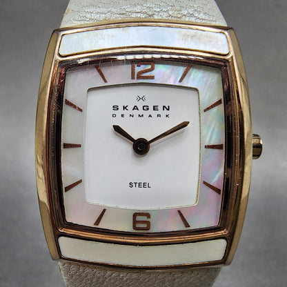 Skagen Tank Watch Women 24mm MOP Dial Rose Gold Tone Rectangle New Battery1