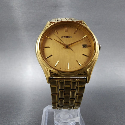 Seiko Watch Men 33mm Champagne Dial Gold Tone Date V732-0c49 New Battery