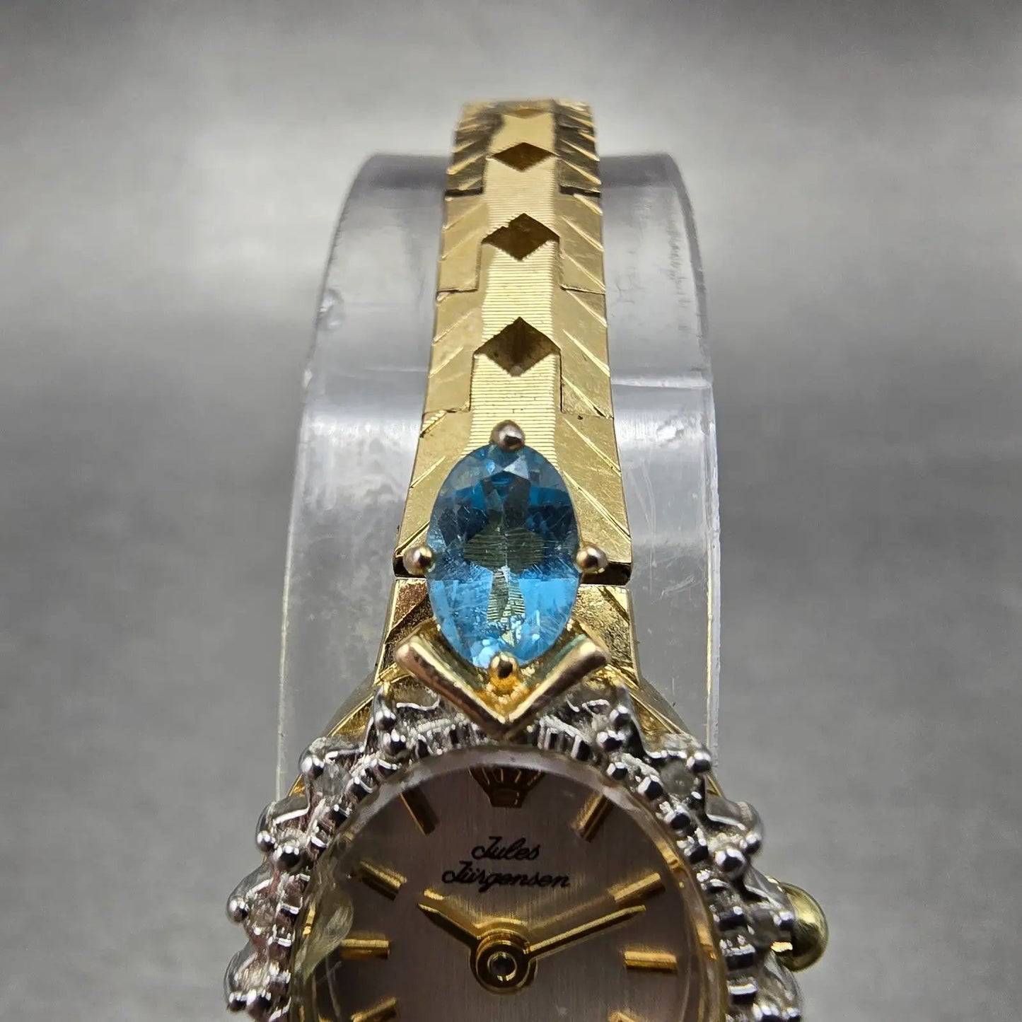 Jules Jurgensen Watch Women 15mm Silver Dial Gold Oval Blue Gems New Battery4