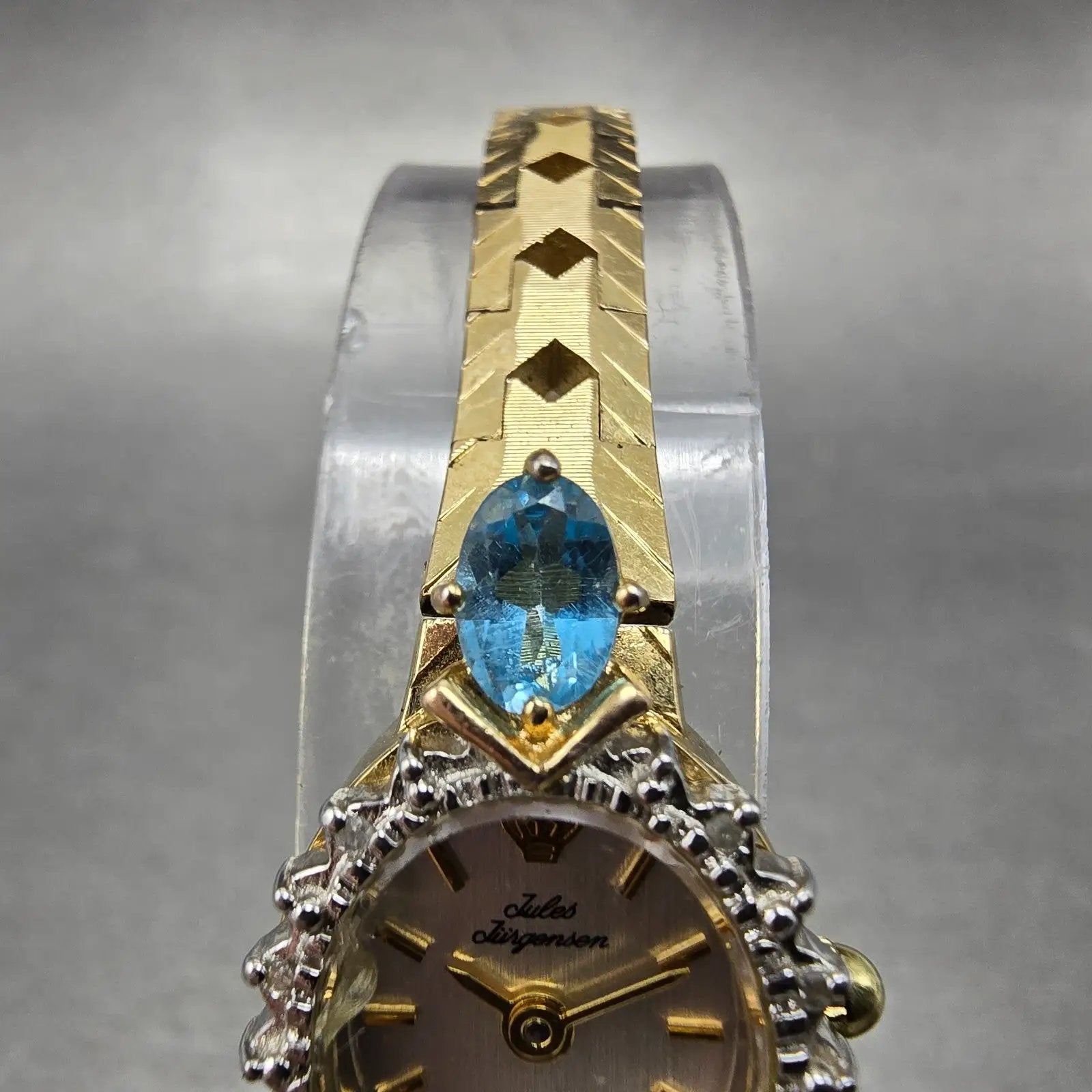 Jules Jurgensen Watch Women 15mm Silver Dial Gold Oval Blue Gems New Battery4