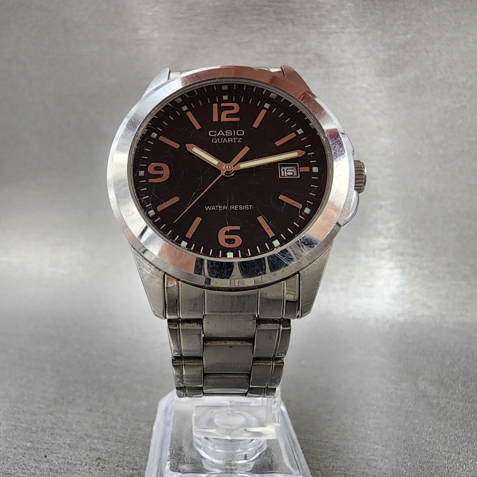 Casio Watch Men 37mm Black Dial Silver Tone Date Round MTP1215 New Battery5