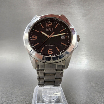 Casio Watch Men 37mm Black Dial Silver Tone Date Round MTP1215 New Battery5
