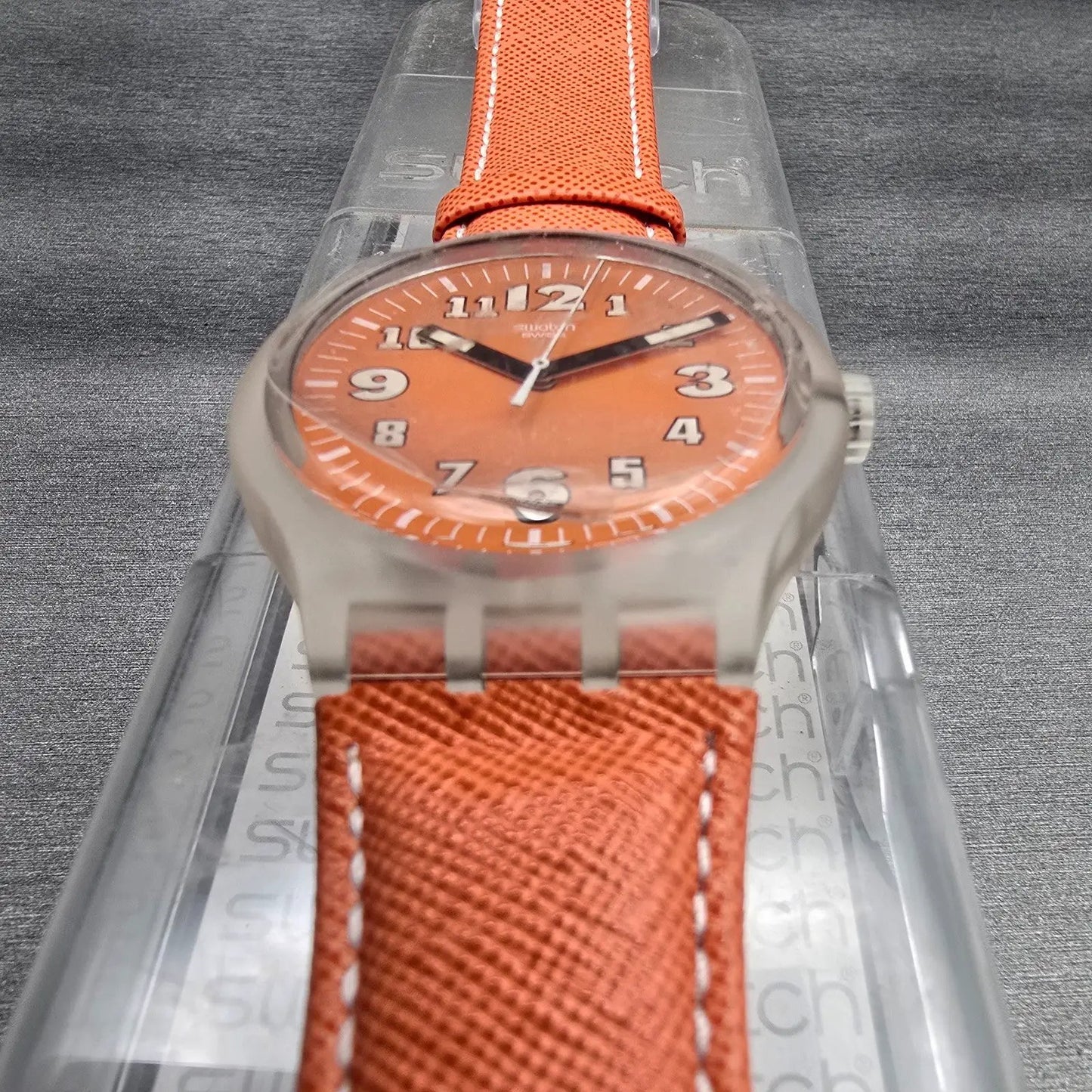Swatch Squeezed Pumpkin Watch Men 44mm Orange Dial Clear Case SUDK102 New Batt2