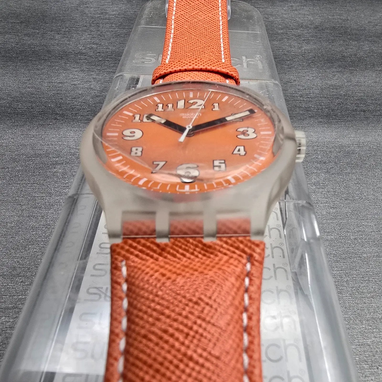Swatch Squeezed Pumpkin Watch Men 44mm Orange Dial Clear Case SUDK102 New Batt2