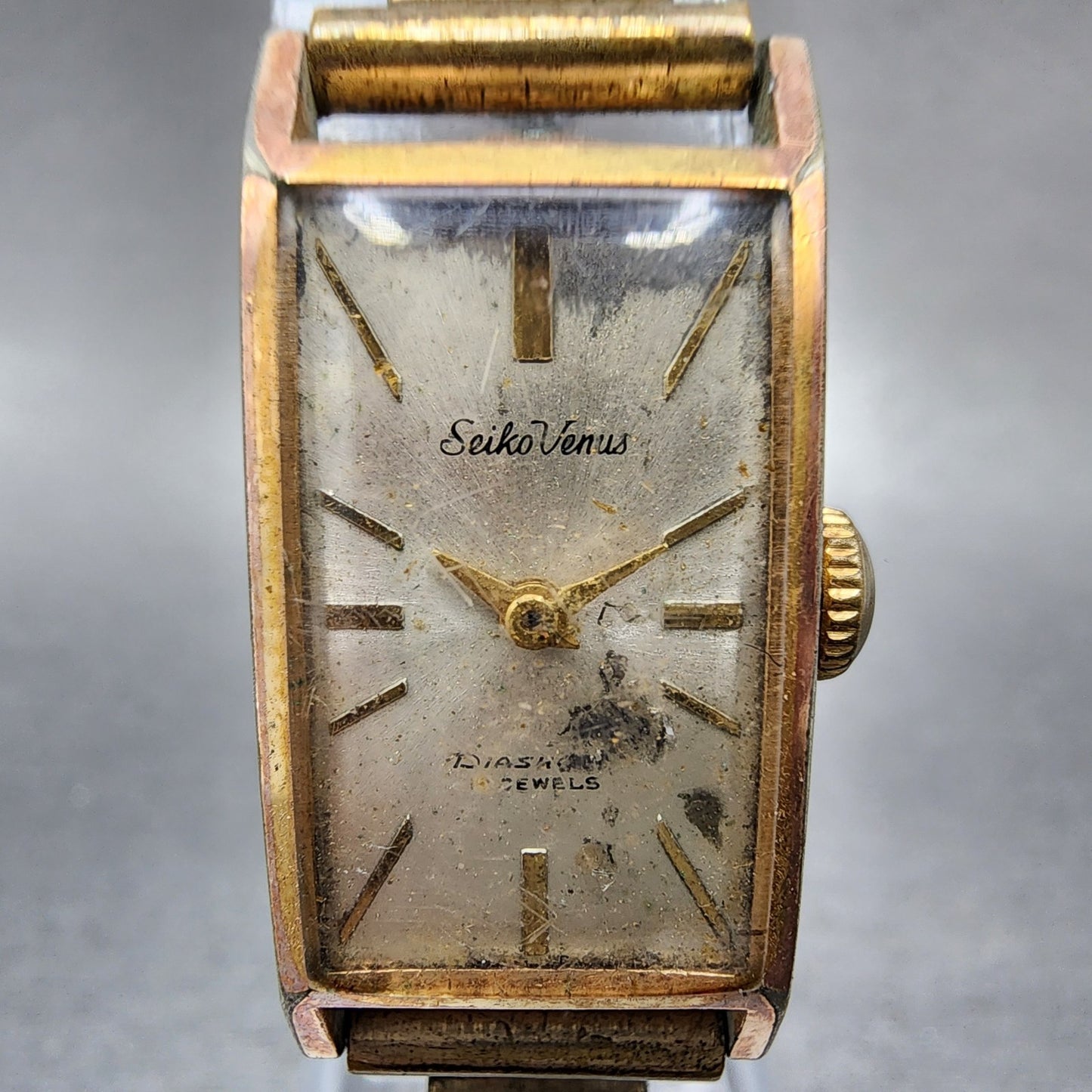 Seiko Venus Tank Watch Women 16mm Silver Dial Gold Plated Manual Runs1