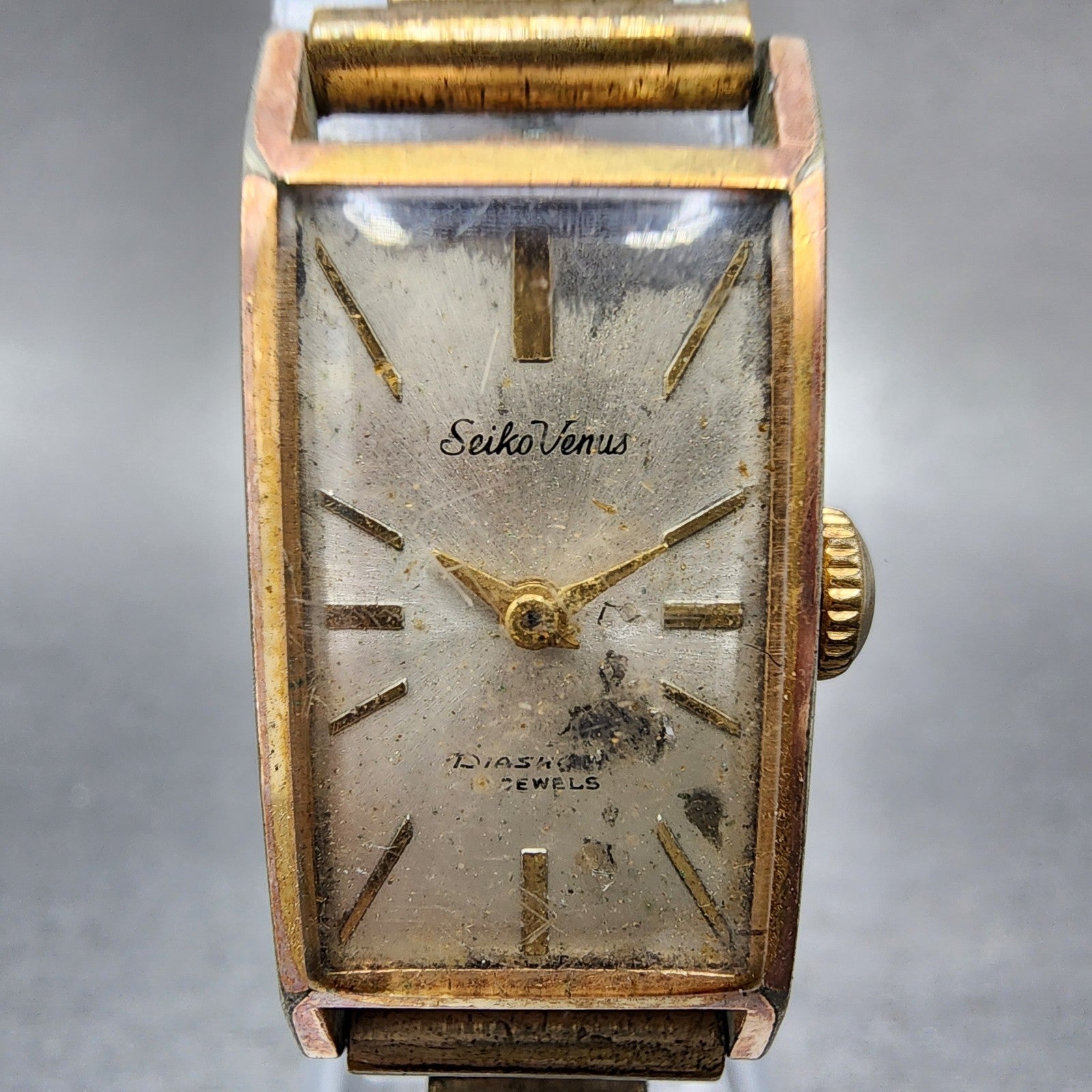 Seiko Venus Tank Watch Women 16mm Silver Dial Gold Plated Manual Runs1