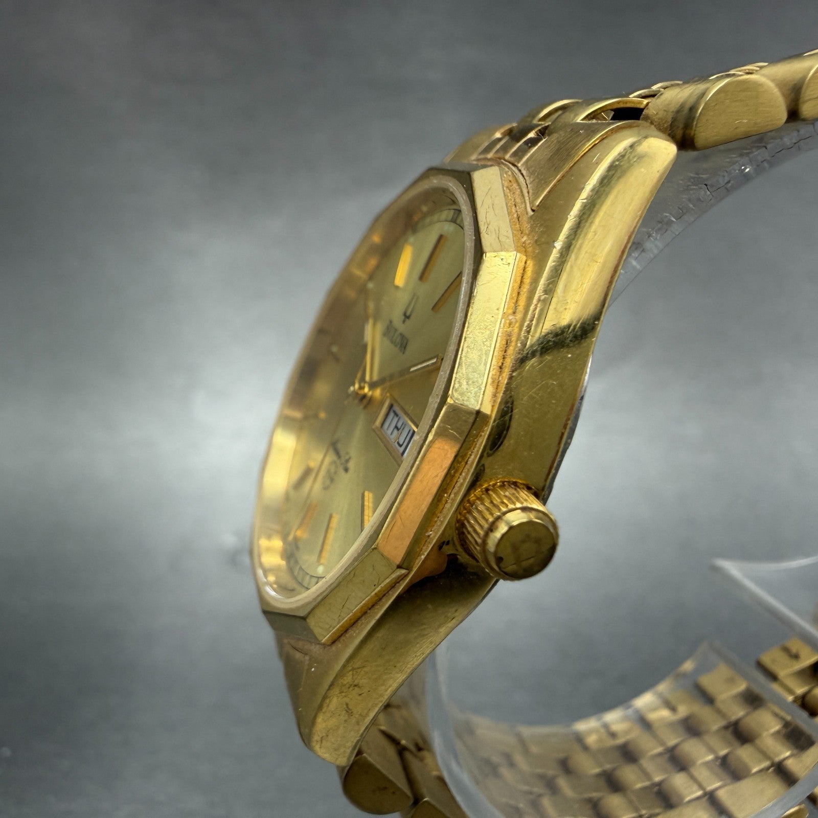 Bulova Marine Star Watch Men 35mm Gold Dial Gold Tone Date Round New Battery GH72