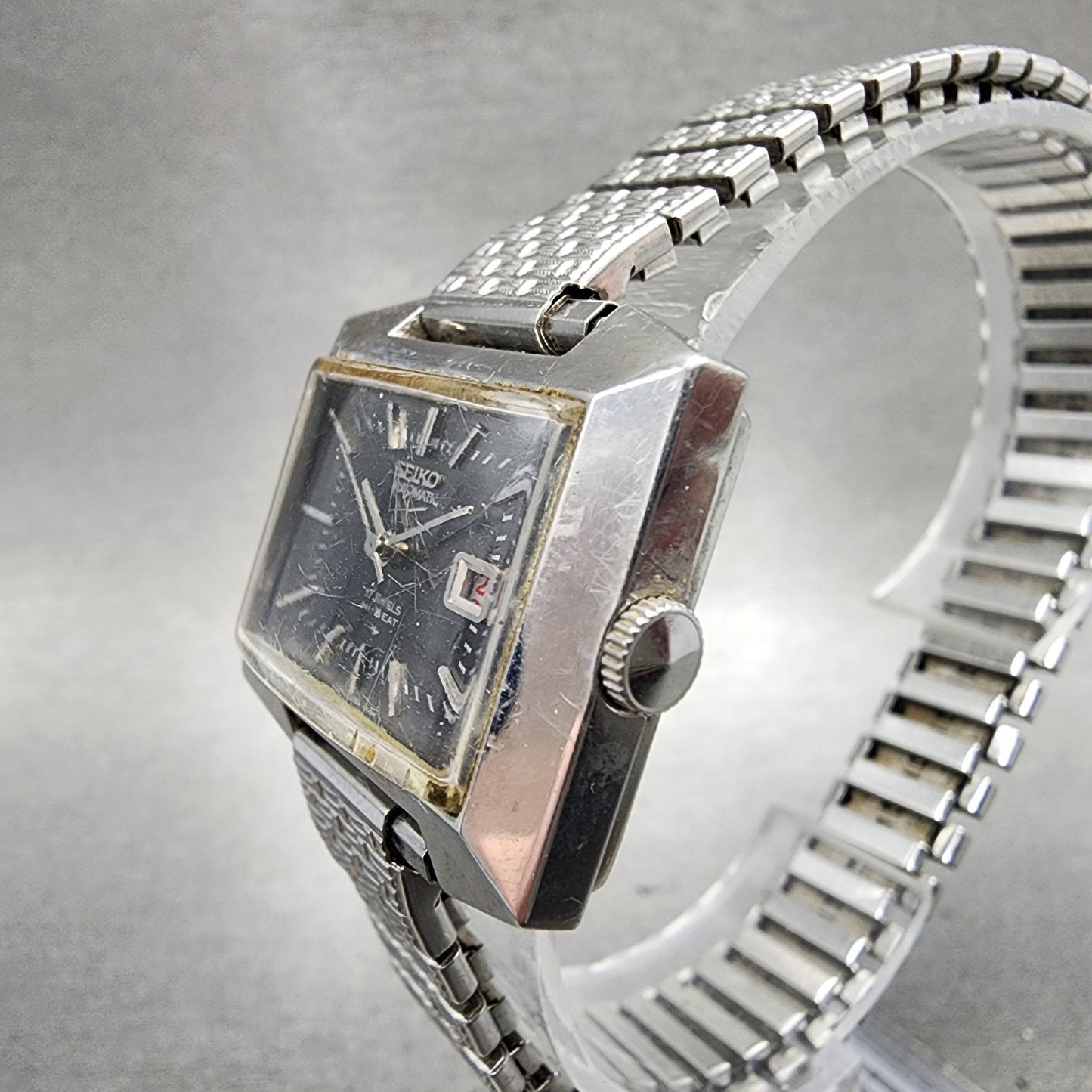Seiko Automatic Watch Women 30mm Gray Dial Silver Tone Rectangle Automatic Runs2