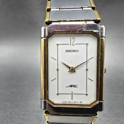 Seiko ARC Tank Watch Men 20mm White Dial Two Tone Rectangle 1220-5220 VTG PARTS0