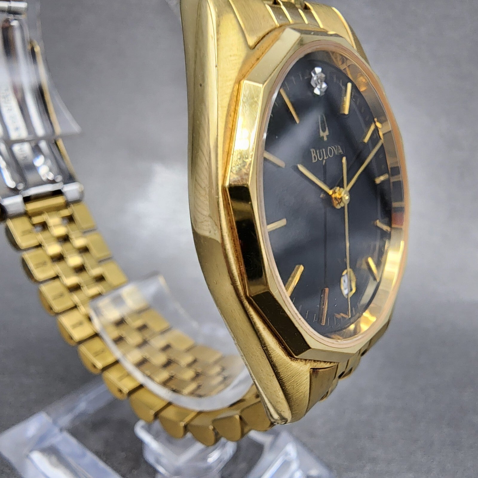 Bulova Watch Men 35mm Black Dial Gold Tone Date 92N99 New Battery3