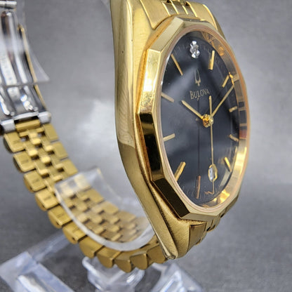 Bulova Watch Men 35mm Black Dial Gold Tone Date 92N99 New Battery3