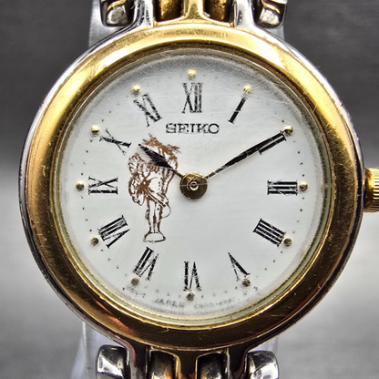 Seiko Watch Women 23mm White Dial Two Tone Round 4N00-1349 New Battery Vintage1