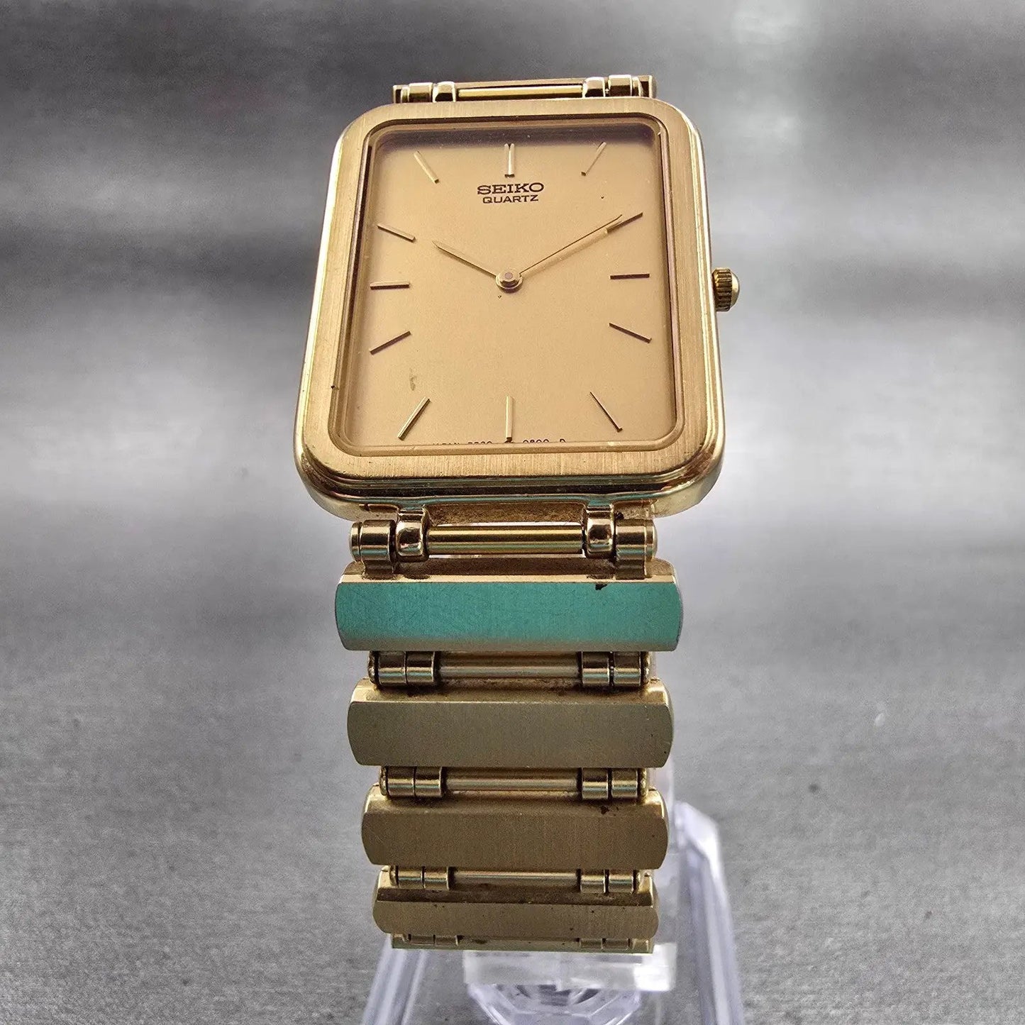 Seiko Watch Men 23mm Gold Dial Gold Tone Rectangle 7320-5889 New Battery VTG5