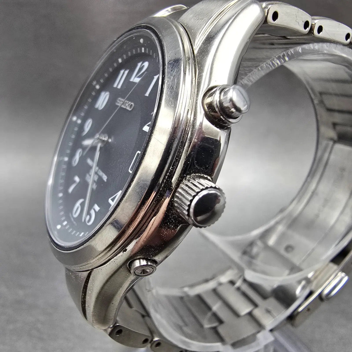 Seiko Atomic Solar Watch Men 39mm Black Dial Titanium Date 7B42-0AN0 Runs JDM2