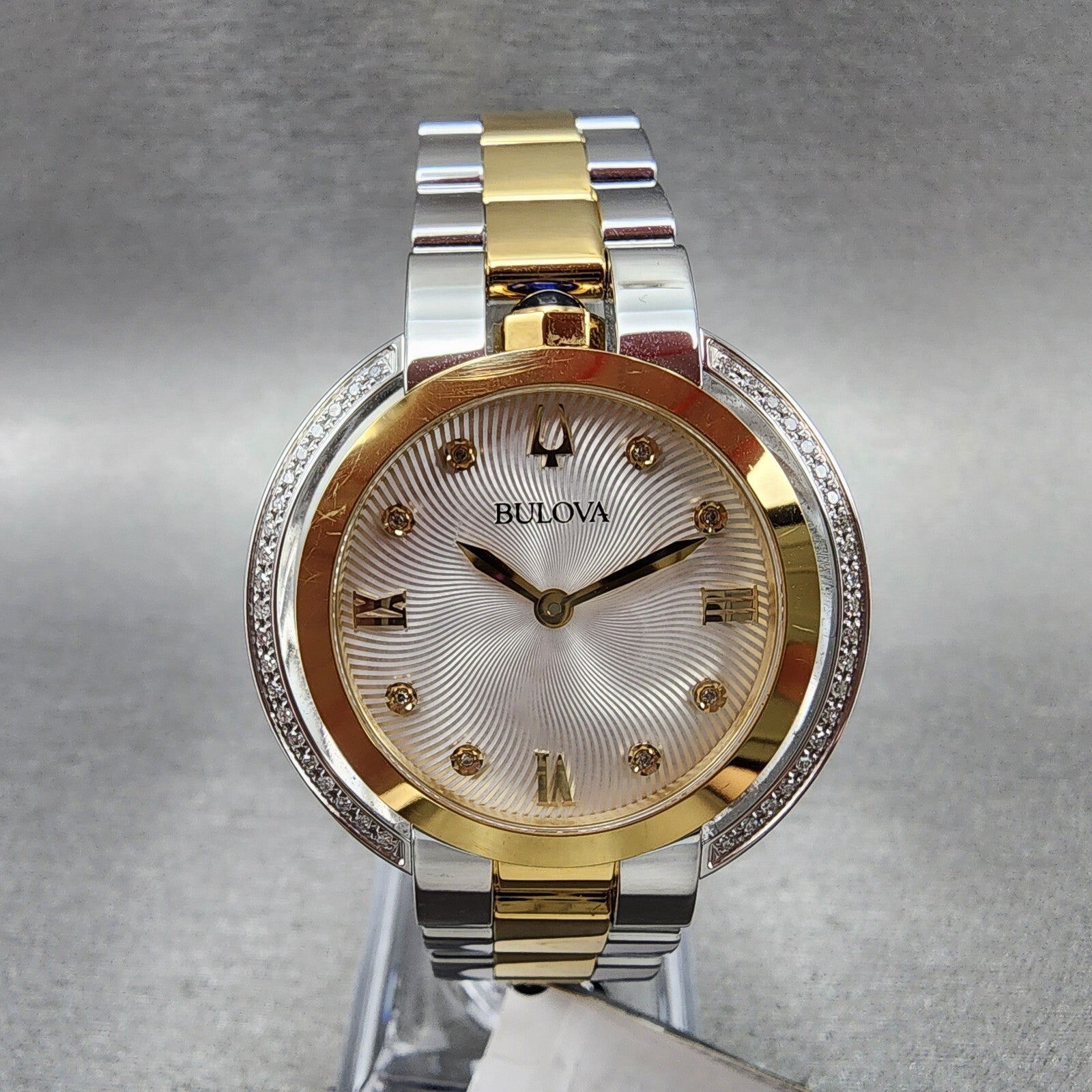 Bulova Rubaiyat Watch Women 35mm Silver Dial Two Tone Diamond Bezel 98R2460