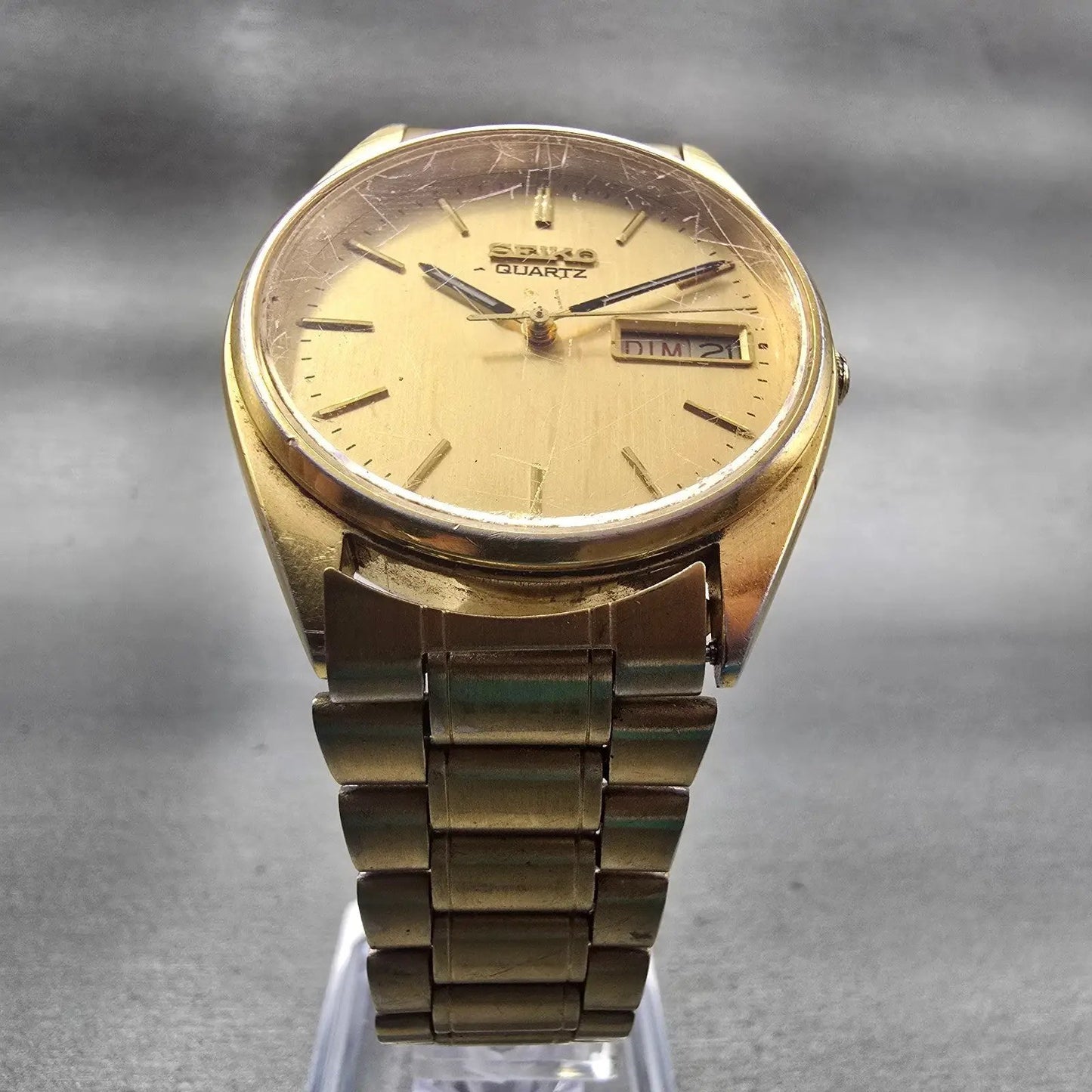 Seiko Watch Men 35mm Gold Dial Gold Tone Daydate Round 7N43-7A50 New Battery VTG5