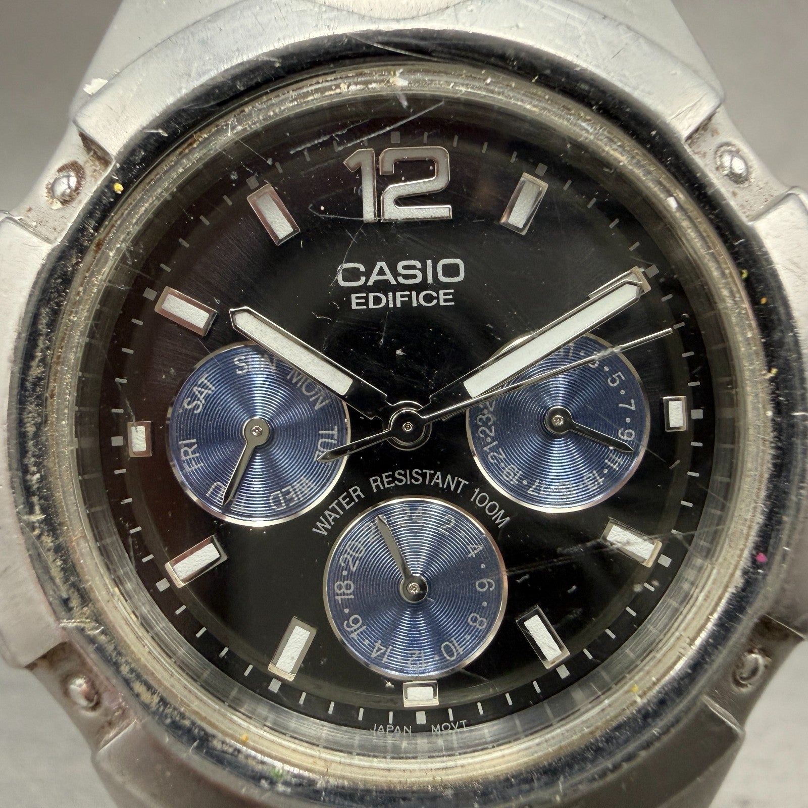 Casio Edifice Watch Men 39mm Black & Blue Dial Steel Daydate EF-303 New Battery1