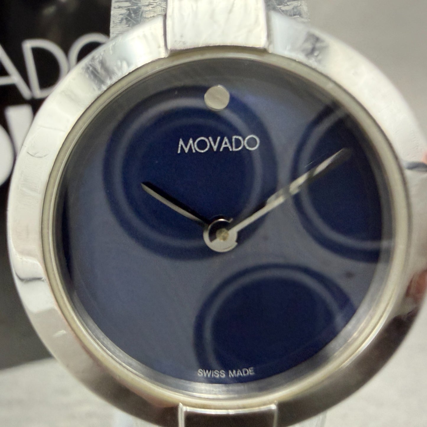 Movado Ela Bangle Watch Women 25mm Blue MOP Dial Steel Round 0607727 New Batt1