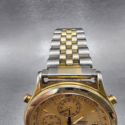 Seiko World Time Watch Men 37mm Gold Dial Gold Tone Date Alarm 5T526A29 PARTS5