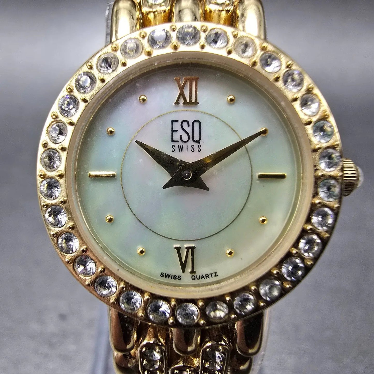 ESQ Watch Women 22mm MOP Dial Gold Tone Round Gem Accents E5160 New Battery1
