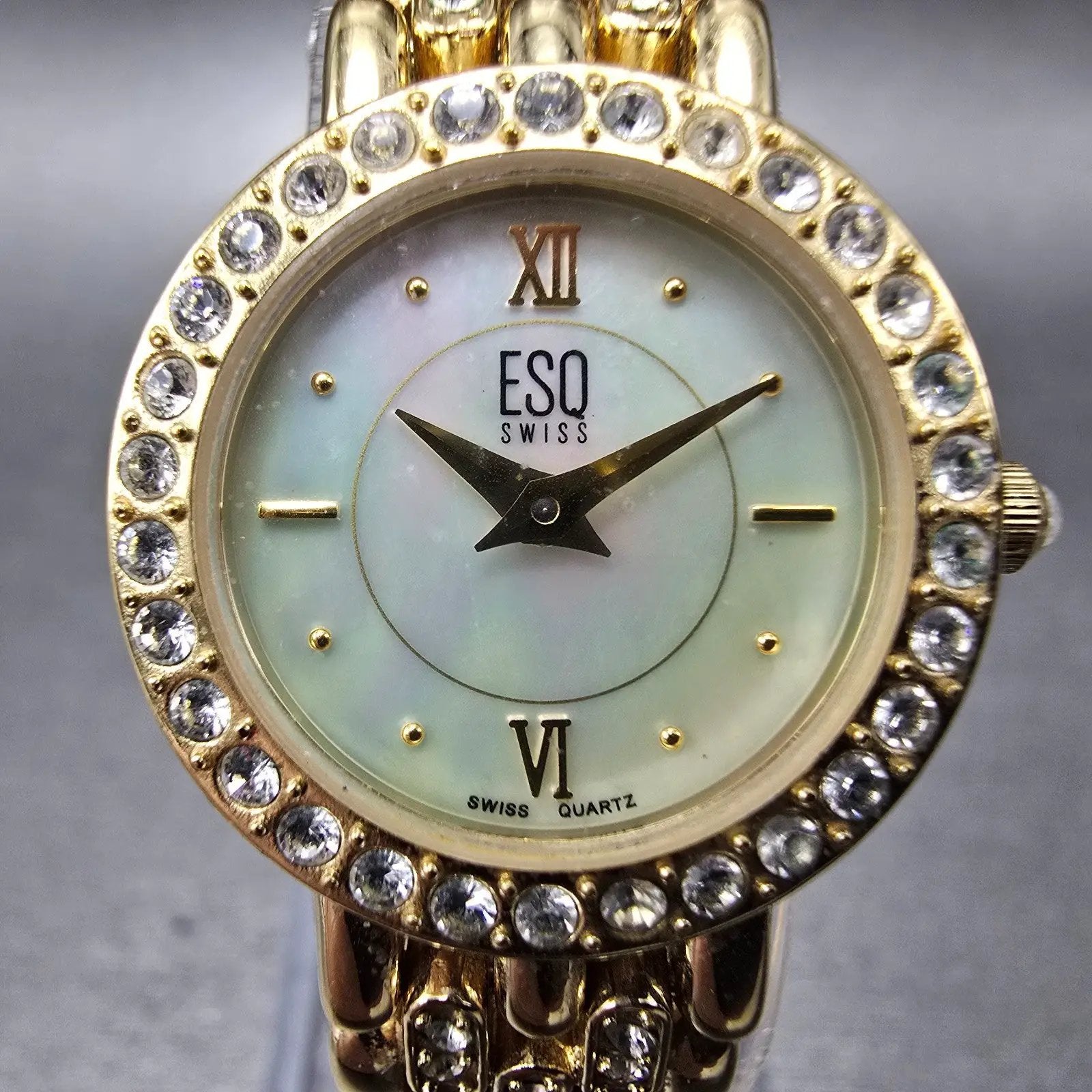ESQ Watch Women 22mm MOP Dial Gold Tone Round Gem Accents E5160 New Battery1