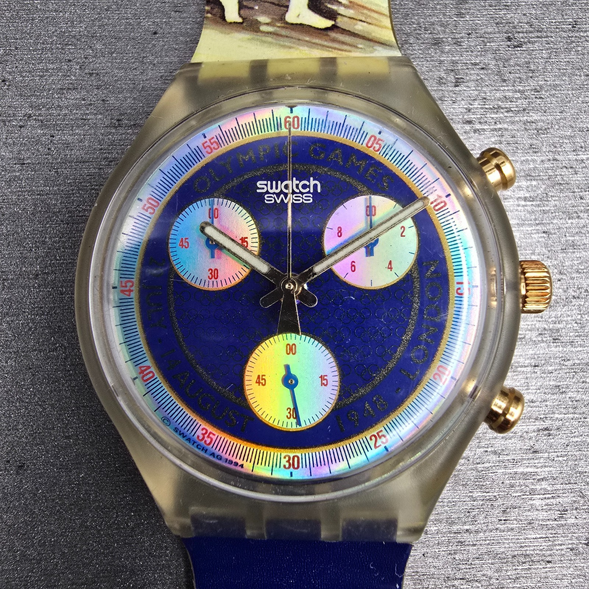 Swatch London 1948 Chrono Watch Men 42mm Blue Dial Clear SCZ102 New Battery VTG1