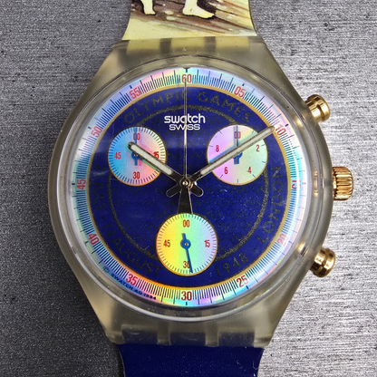 Swatch London 1948 Chrono Watch Men 42mm Blue Dial Clear SCZ102 New Battery VTG1