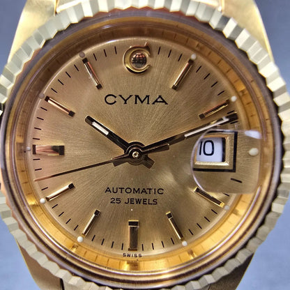Cyma President Watch Women 26mm Gold Dial Gold Case Automatic Date Round WBox3