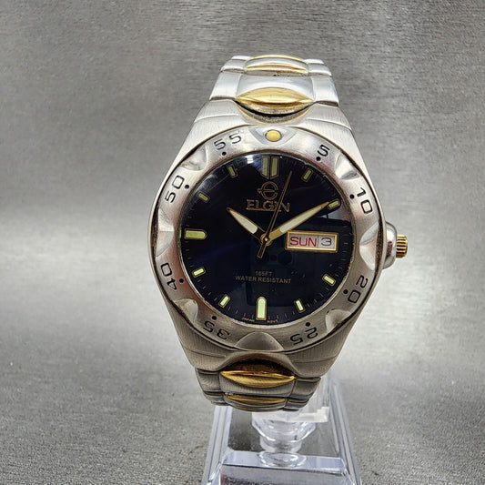 Elgin Watch Men 39mm Blue Dial Two Tone Daydate Round 2105 FC 775 New Battery