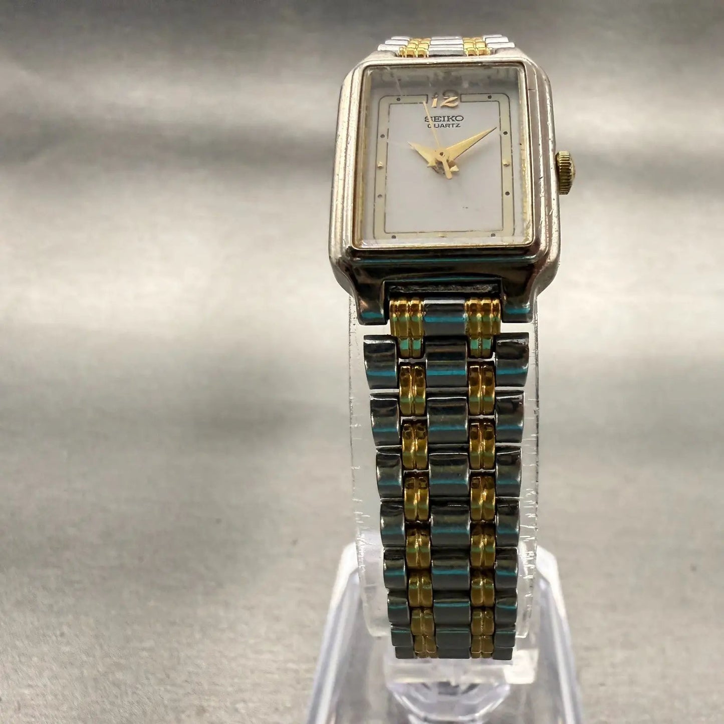 Seiko Watch Women 17mm White Dial Two Tone Rectangle V401-5129 New Battery VTG5