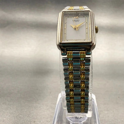 Seiko Watch Women 17mm White Dial Two Tone Rectangle V401-5129 New Battery VTG5